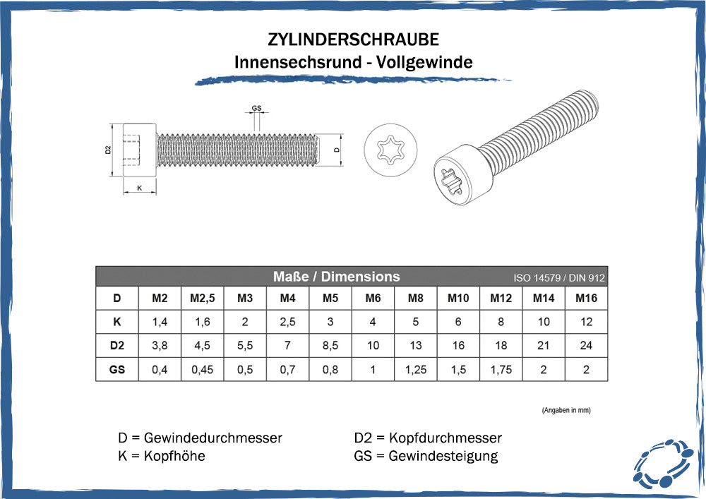 maßtabelle zylinderschrauben innensechsrund vollgewinde