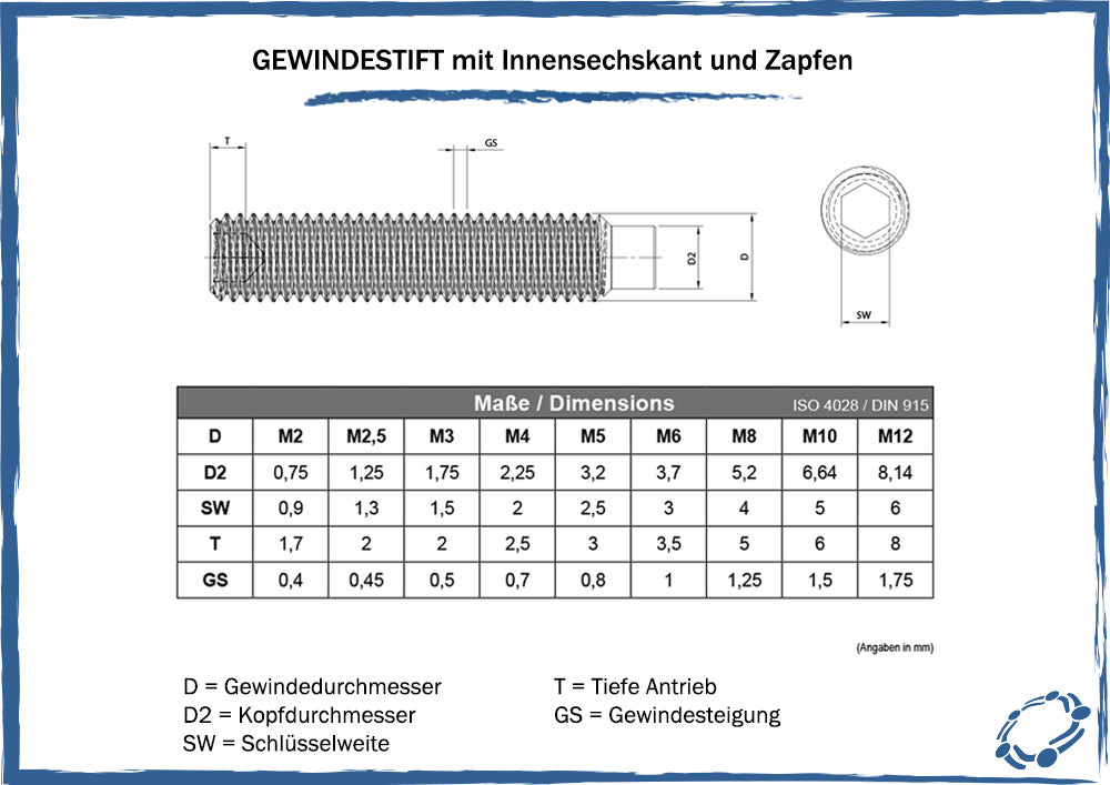 maßtabelle gewindestift mit zapfen din915