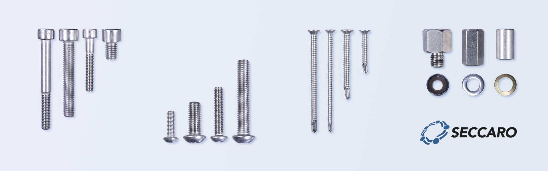 Titelbild SECCARO Onlineschop. Abbildung verschiedener Schrauben und Muttern
