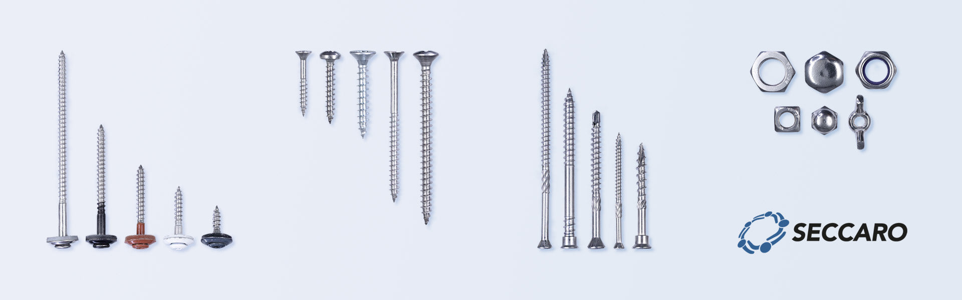 Titelbild SECCARO Onlineschop. Abbildung verschiedener Holzschrauben Schrauben und Muttern