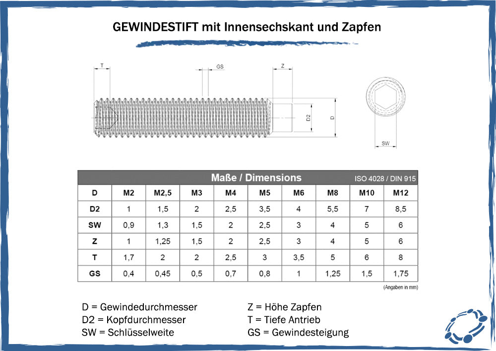 maßtabelle gewindestifte mit zapfen
