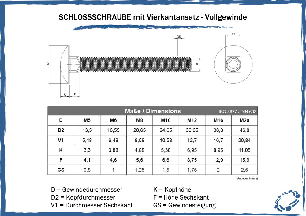 maßtabelle schlossschrauben mit vierkantansatz vollgewinde