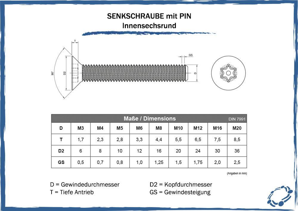 maßtabelle senkschraube mit pin