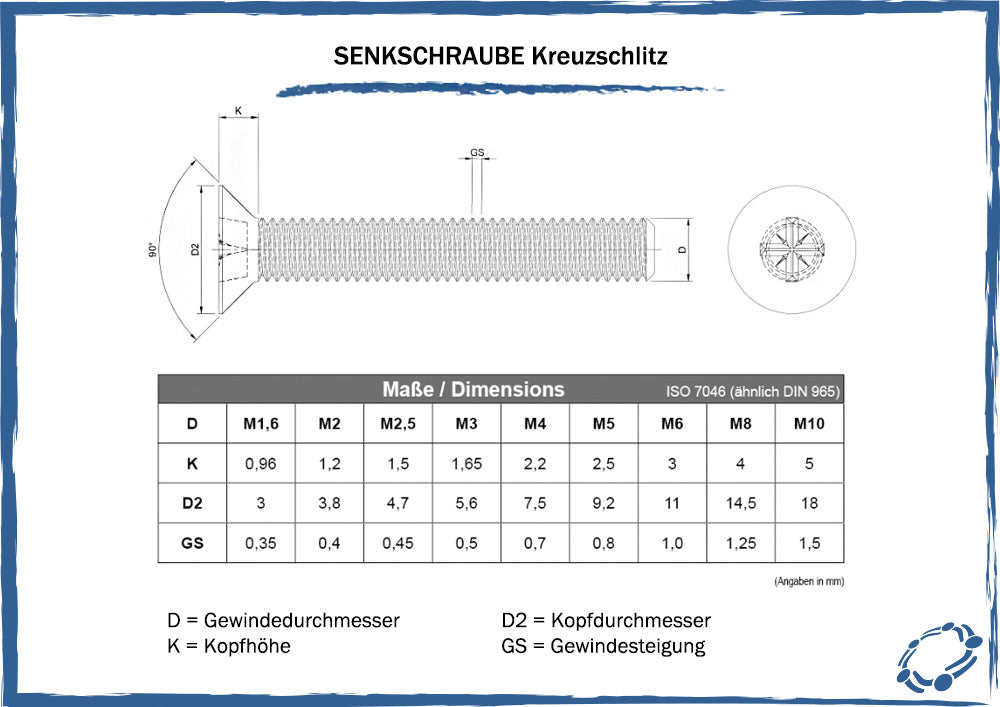 maßtabelle senkschrauben kreuzschlitz pz
