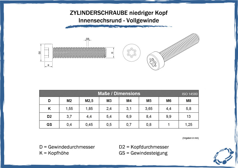 maßtabelle zylinderschrauben niedriger Kopf mit vollgewinde