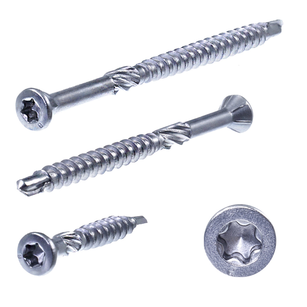 terrassenschraube mit zierkopf und bohrspitze front und seitenansicht